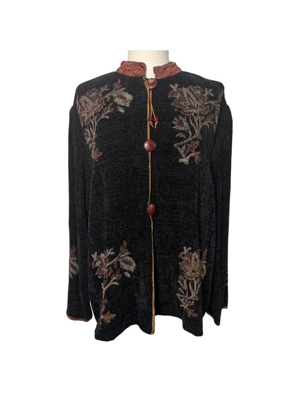 Vintage Flashback Womens Black Chenille Jacket Large Boho Art to Wear Floral